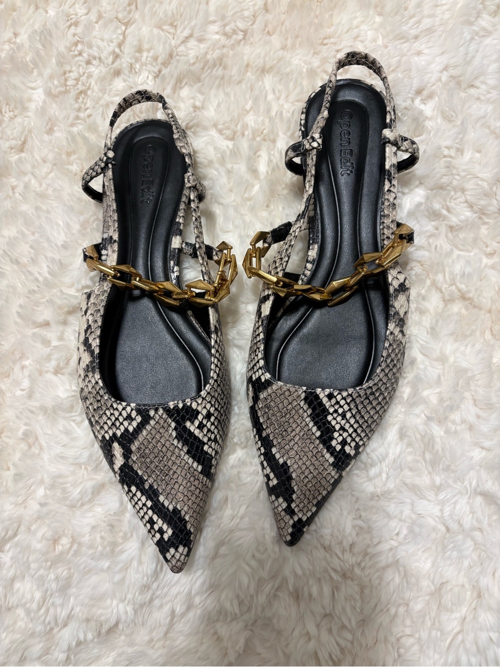 Pointed Snake-Print Slingback Flats with Gold Chain Accent